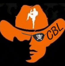 an orange cowboy hat with a skull and crossbones eye patch and the word cbl