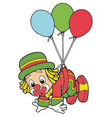 a cartoon of a clown holding three balloons and the number 1 on his back