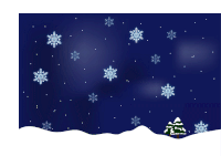 a snowy scene with a christmas tree and snowflakes falling