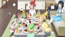 a group of anime characters are sitting around a table with plates of food .