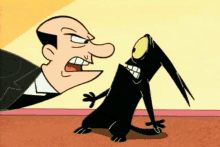 a cartoon man is yelling at a black dog .