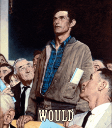 a painting of a man standing in front of a crowd with the word would written below him