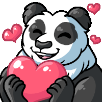 a panda bear is holding a pink heart with hearts surrounding it