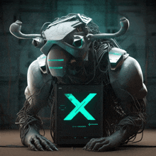 a statue of a robot with horns is kneeling down next to a screen that has the letter x on it