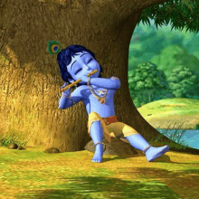 a cartoon of a little boy playing a flute under a tree