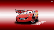 a lightning mcqueen from the movie cars is smiling on a red background