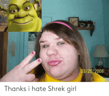 a girl making a peace sign next to shrek