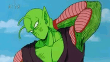 piccolo from dragon ball z is stretching his arms and looking at the camera .