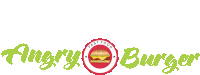 an angry burger fast food logo with a hamburger in the center