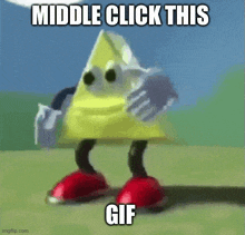 a yellow triangle with arms and legs is standing in a field with a caption that says `` middle click this gif '' .