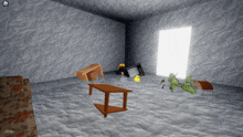 a screenshot of a video game shows a room with a table and a plant