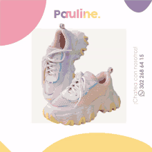 a pair of pink and white sneakers with the words pauline on the top