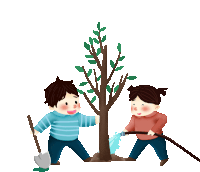 a boy and a girl are watering a tree