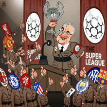 a cartoon of a man holding a trophy with the words the super league behind him