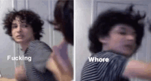 a man with curly hair is being punched in the face by a woman in a striped shirt .