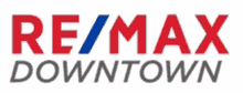 the re / max downtown logo is red , white and blue .