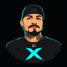 a cartoon drawing of a man wearing a black shirt with a blue x on it