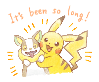 a drawing of a pikachu and a dog with the words " it 's been so long " written above them