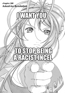 a black and white drawing of a girl pointing at someone with the caption i want you to stop being a racist