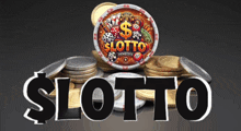 a stack of coins with a lottery logo in the background