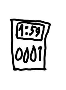 a black and white drawing of a clock that says 11:59 0001