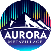 a logo for aurora metavillage with a mountain and aurora borealis