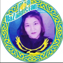 a picture of a woman in a blue and yellow circle with the word kazakhstan on it .