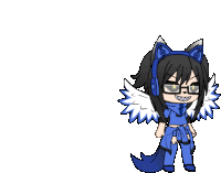 a cartoon character with a cat ear and wings is wearing a blue outfit .