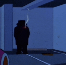 a cartoon character smoking a cigarette in a dark room