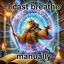 a painting of a wizard with the words " i cast breathe manually "