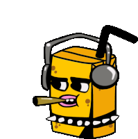 a cartoon drawing of a sponge with headphones and a straw in his mouth