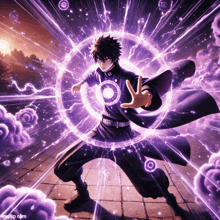 a man in a purple cloak is surrounded by purple circles and lightning