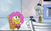 spongebob and squidward from spongebob squarepants are standing next to each other in a cartoon .