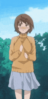 a girl in a yellow sweater and a blue skirt