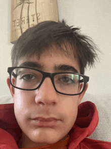 a young boy wearing glasses looks at the camera with a sign in the background that says tahiti