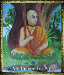 a painting of a man sitting under a tree with the name madhavendra puri on the bottom