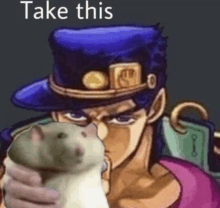 jotaro kujo from jojo 's bizarre adventure is holding a hamster in his hand .