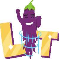 a cartoon illustration of a purple eggplant with a green leaf on its head