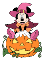 minnie mouse wearing a pink witch hat sits on a pumpkin