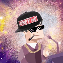 a man with a hat that says obey ne on it