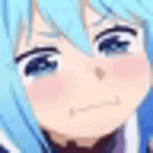 a close up of a blue haired anime girl 's face with a sad look on her face .