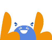 a blue and orange cartoon character is smiling and laughing