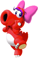 a red cartoon character with a pink bow on his head