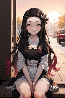 a girl with long black hair and red eyes is sitting on a bench