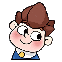 a cartoon of a boy with brown hair and a blue shirt .