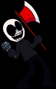 a cartoon character is holding an axe and a microphone in his hands .