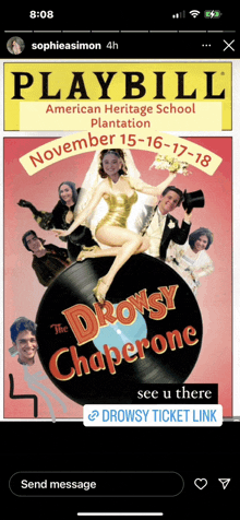 a playbill for the drowsy chaperone is displayed on a phone screen