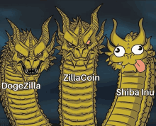 a cartoon of three dragons with dogezilla zillacoin and shiba inu written on them