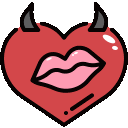 a devil heart with horns and a kiss on it .