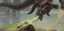 a painting of a dragon with horns eating a skull